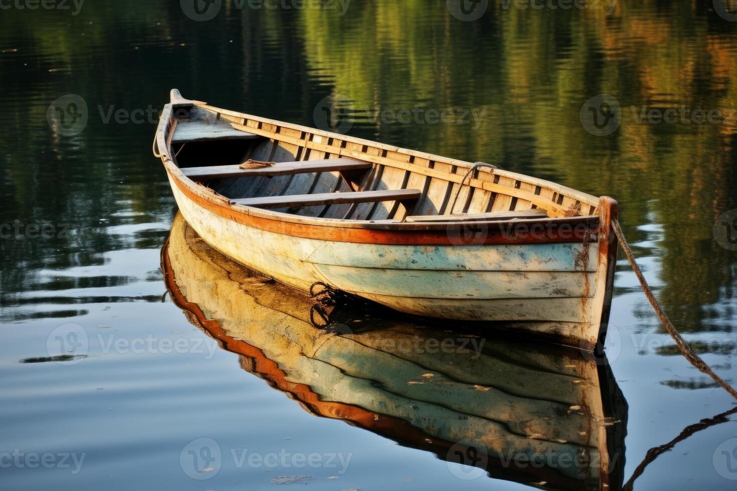 AI generated A peaceful reflection of a rowboat floating on a serene pond. Generative AI photo