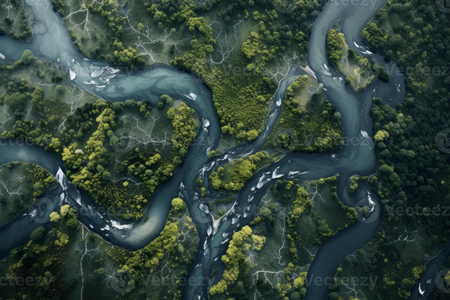 AI generated Aerial view of a winding forest river reflecting the surrounding trees. Generative AI photo