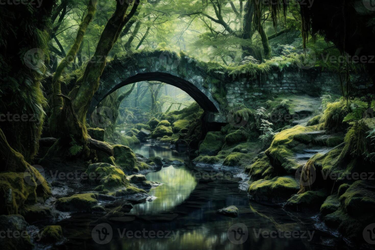 AI generated Enchanted forest scene with a small bridge over a babbling brook. Generative AI photo