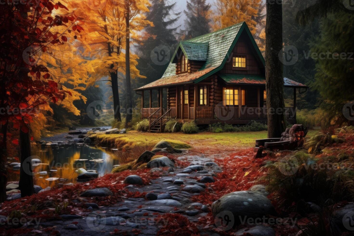 AI generated Cozy cabin in the midst of an autumn forest. Generative AI photo