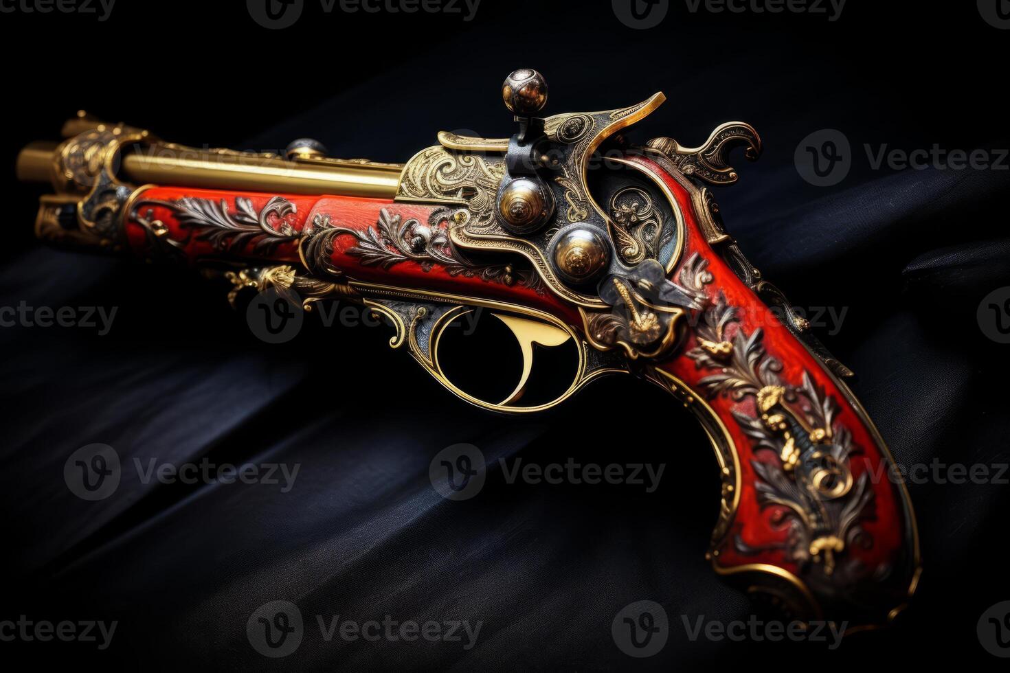 AI generated A close up of a pirate's engraved flintlock pistol, reflecting the craftsmanship and attention to detail of their weaponry. Generative AI photo