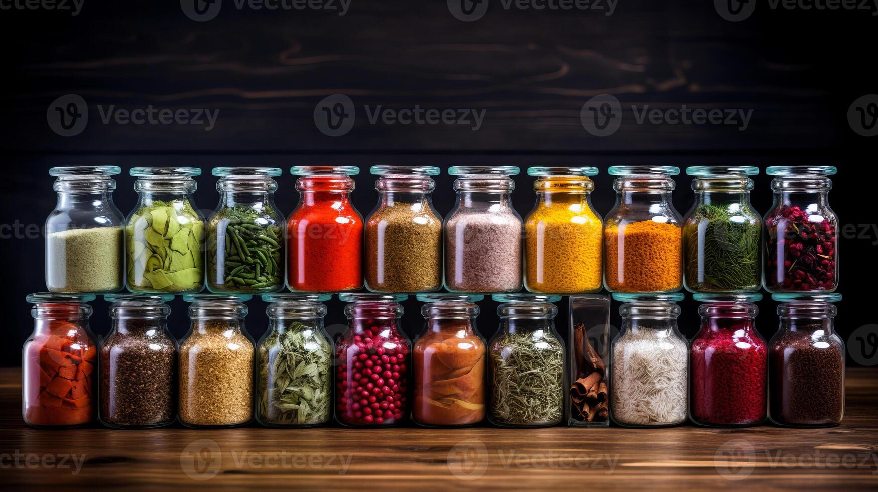 AI generated A colorful assortment of spices and condiments in glass jars. Generative AI photo