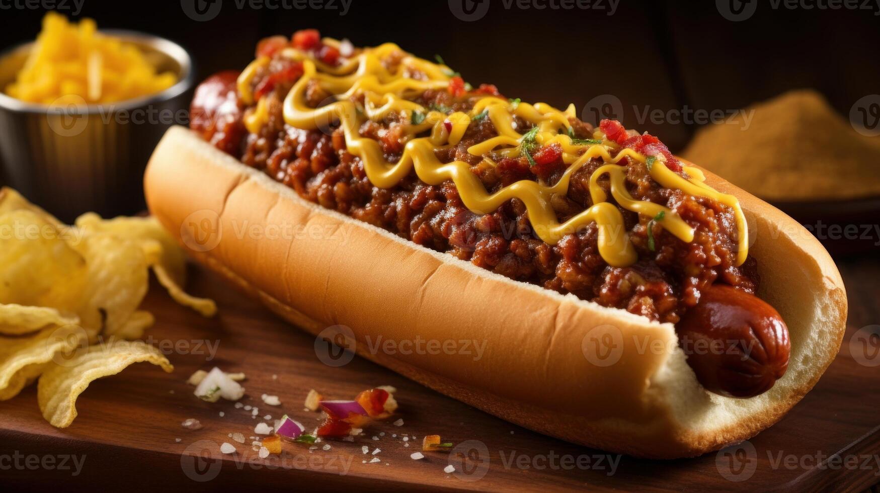 AI generated Classic and greasy chili cheese dog. Generative AI photo