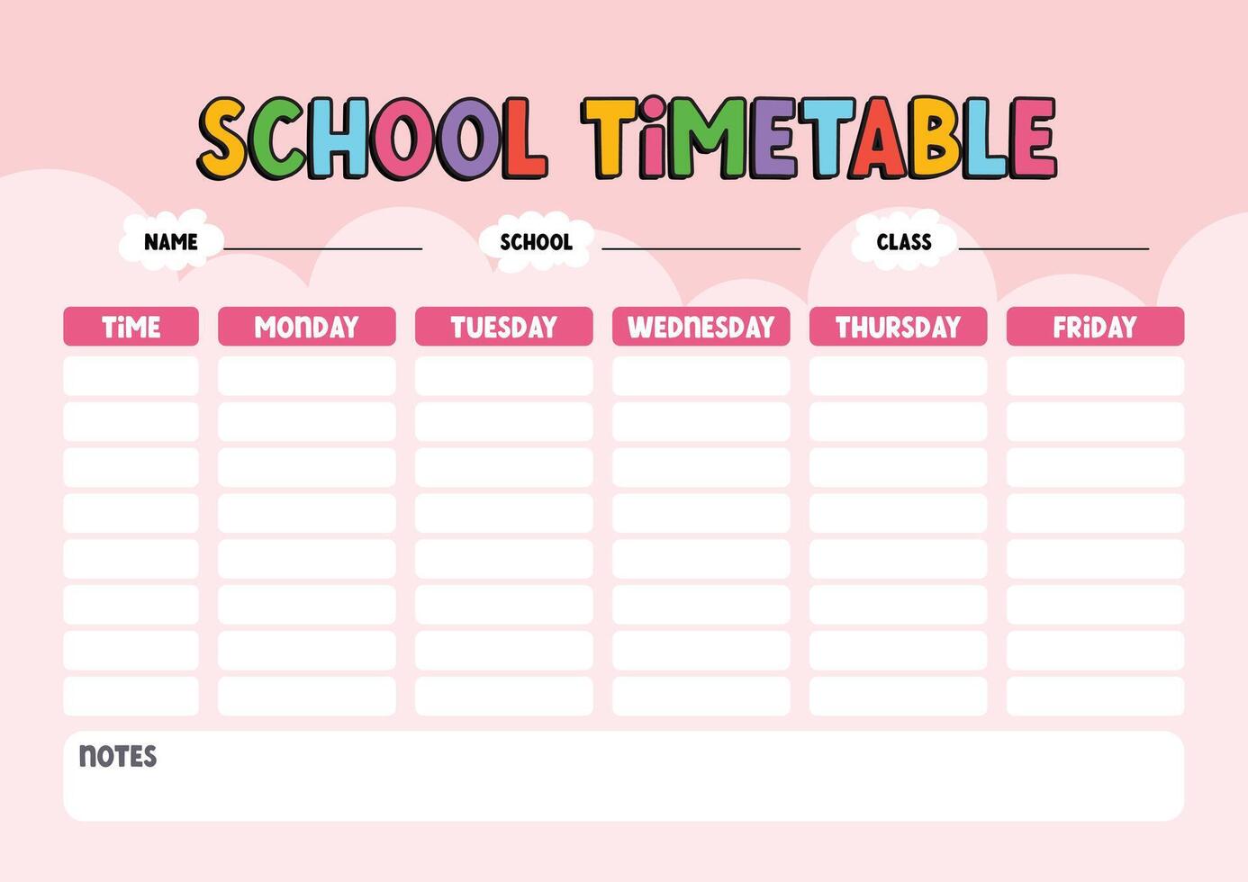 flat design vector school education timetable class schedule printable template