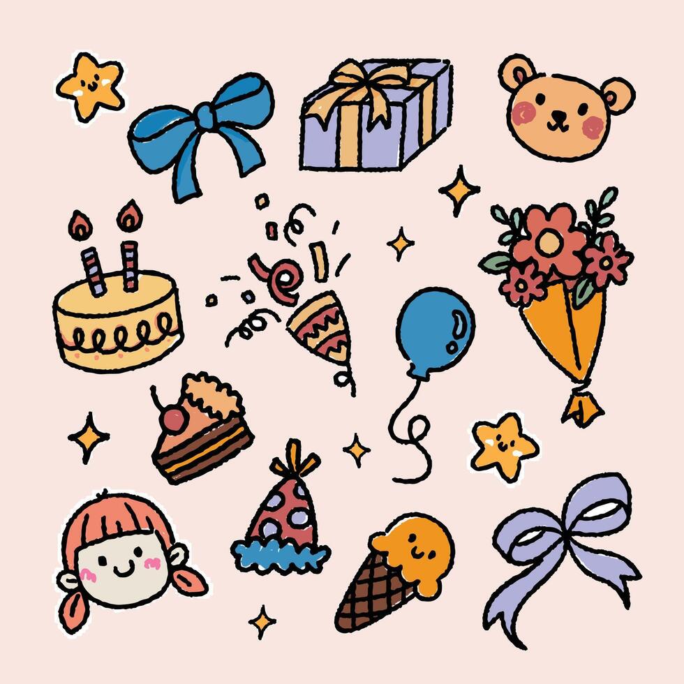 flat design vector cute kawaii birthday element drawing illustration collection