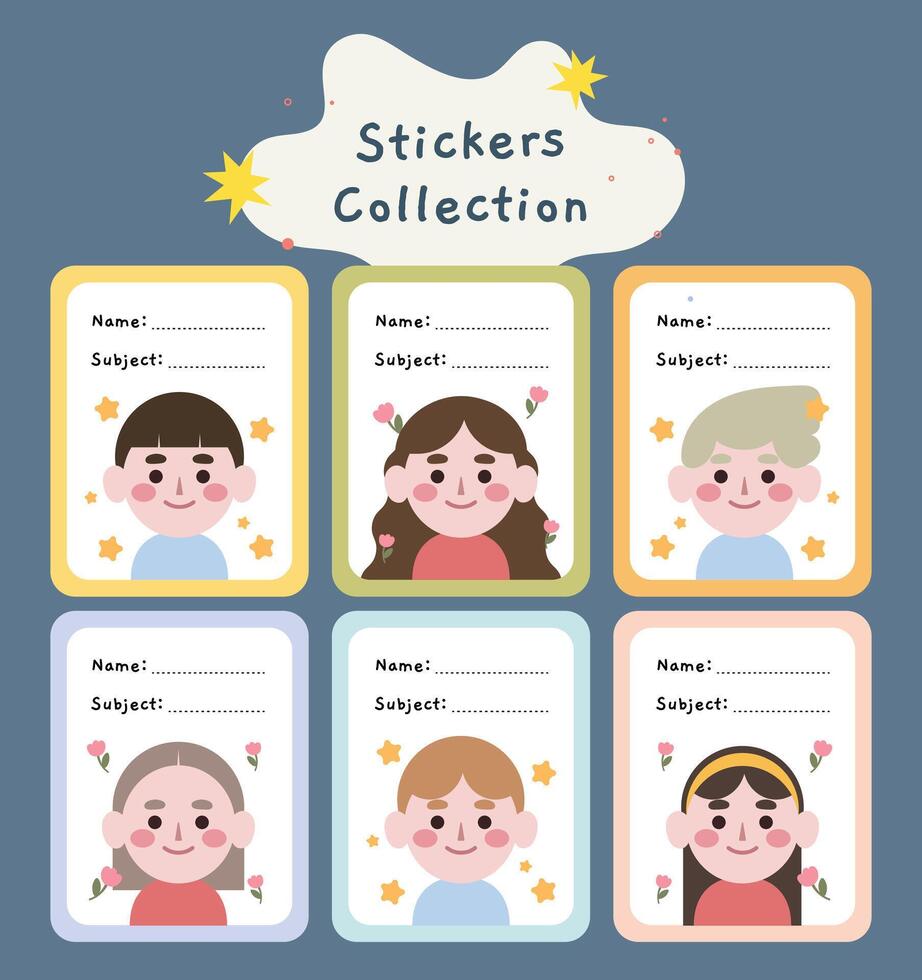 flat design vector cute kawaii colorful name label sticker printable collection set template