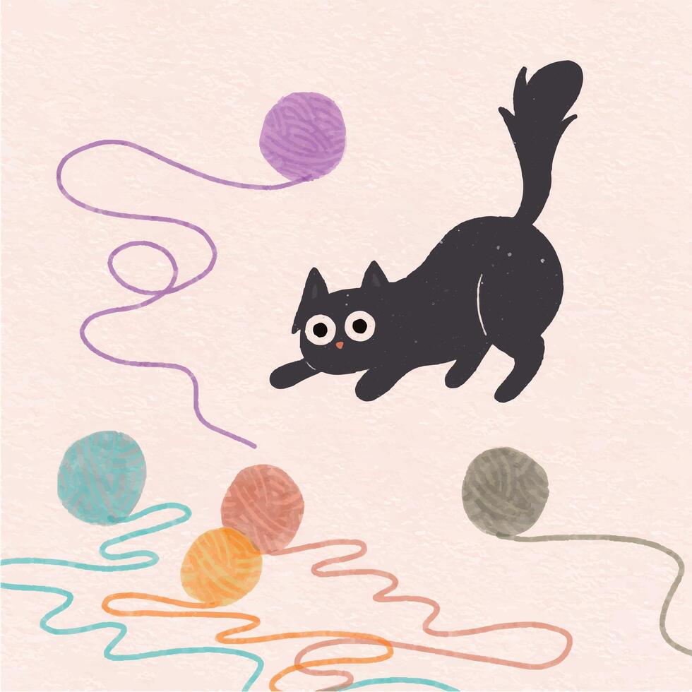 flat design vector cute kawaii black cat playing with yarn
