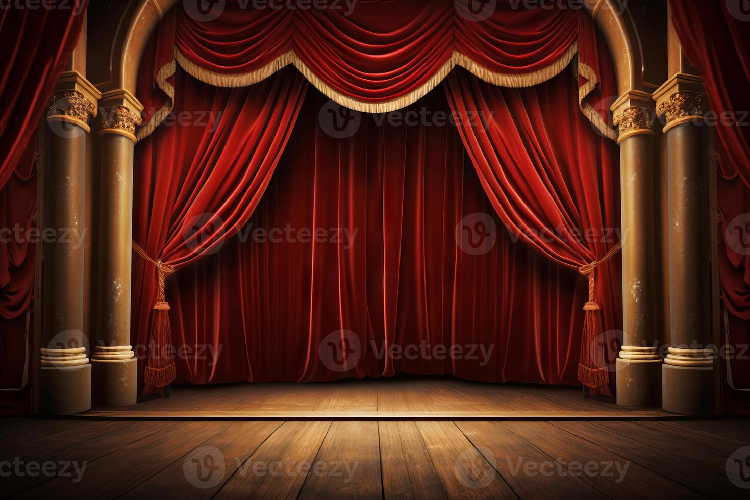 AI generated Theater curtains drawing back to reveal the stage. Generative AI photo