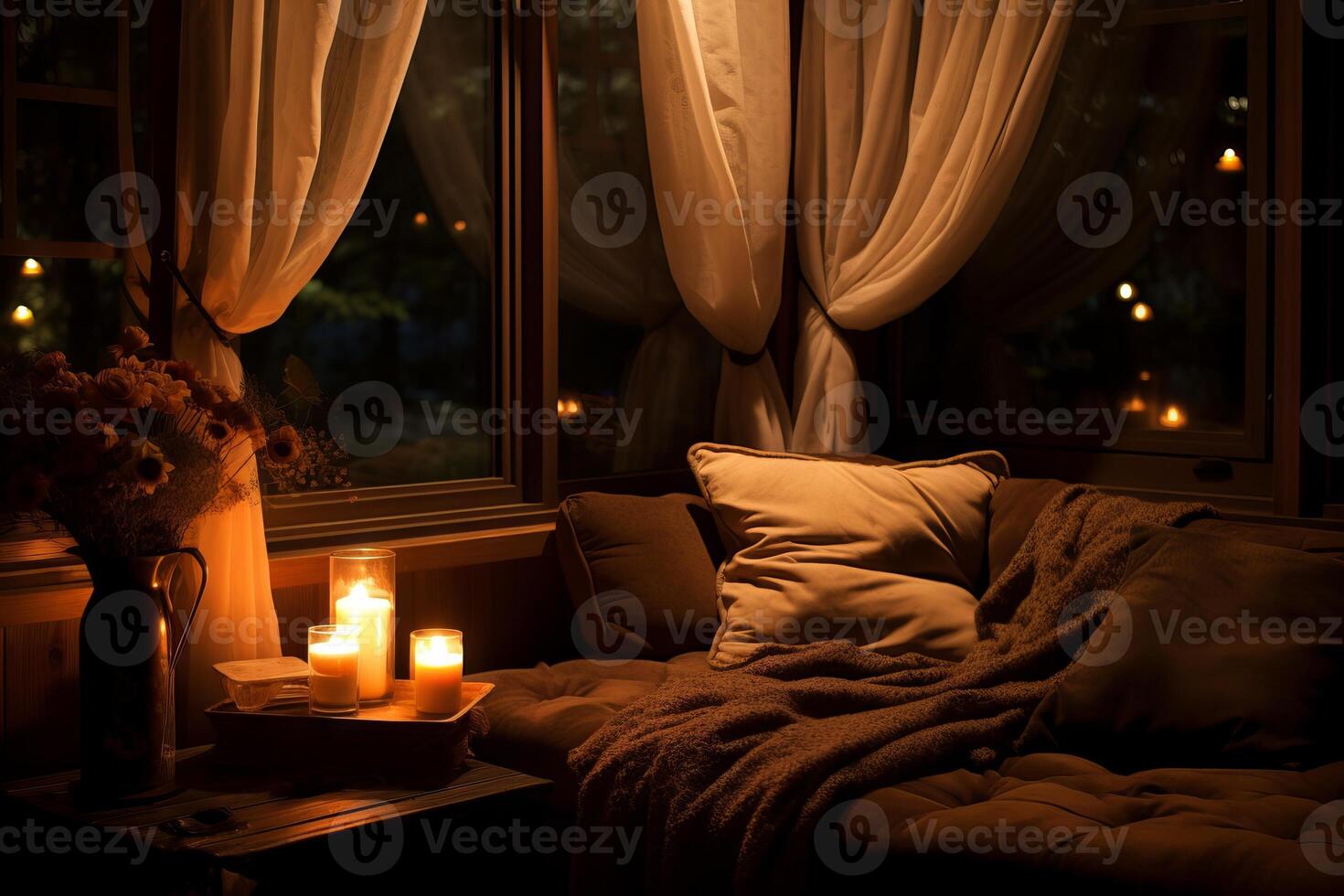 AI generated Candlelight creating a cozy corner in a room. Generative AI photo