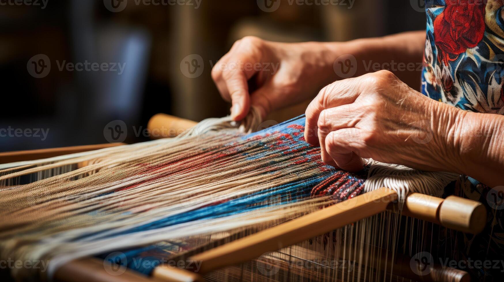 AI generated Hands weaving a tapestry on a frame loom. Generative AI photo