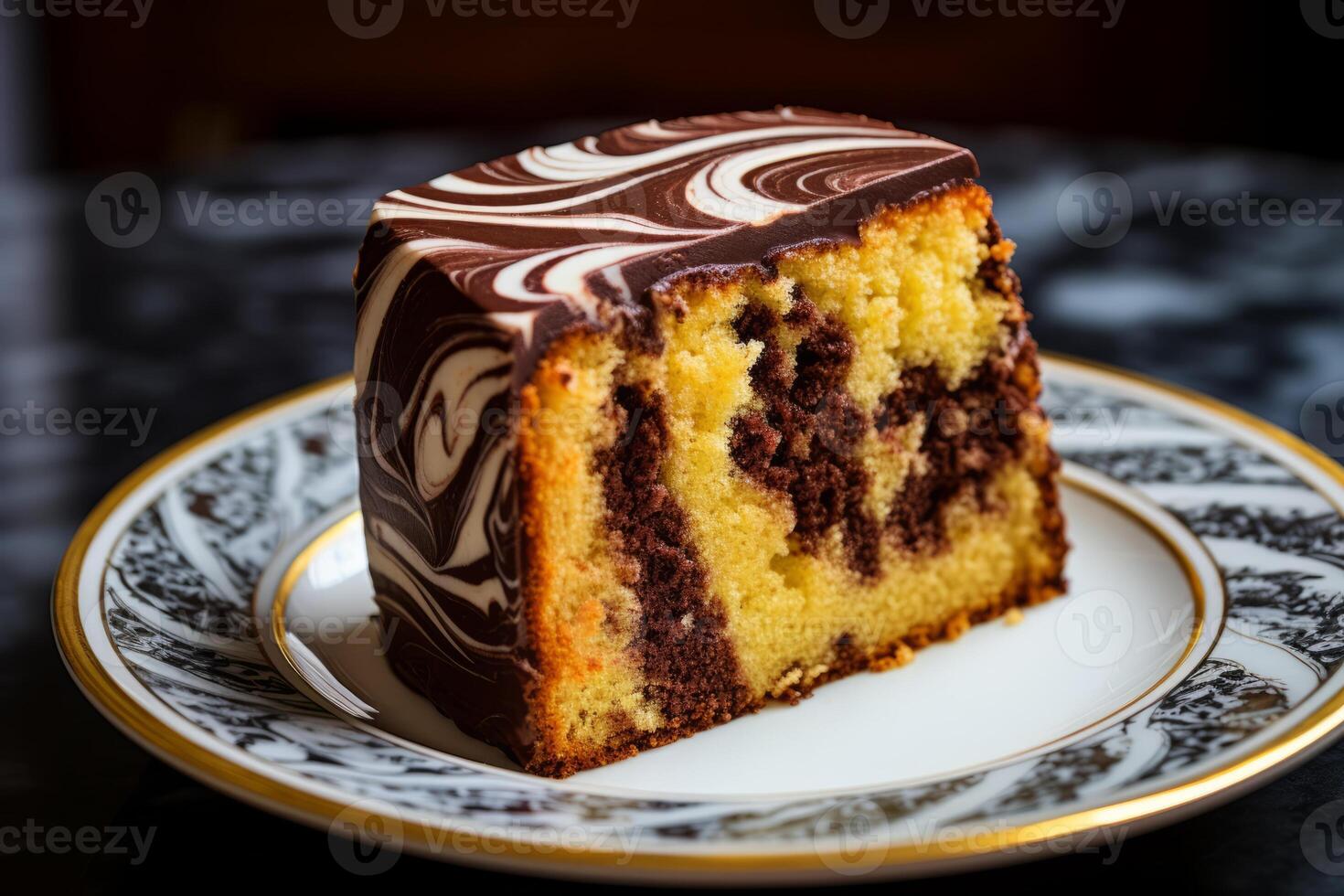 AI generated A slice of classic marble cake with swirls of chocolate. Generative AI photo