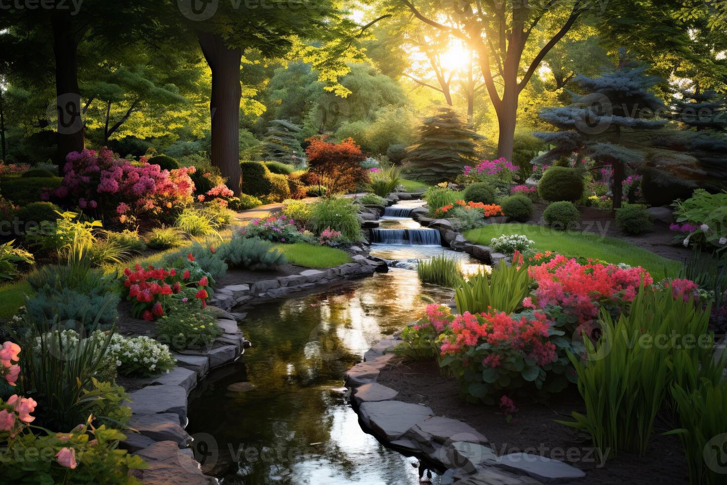 AI generated A serene garden with colorful afternoon blooms. Generative AI photo