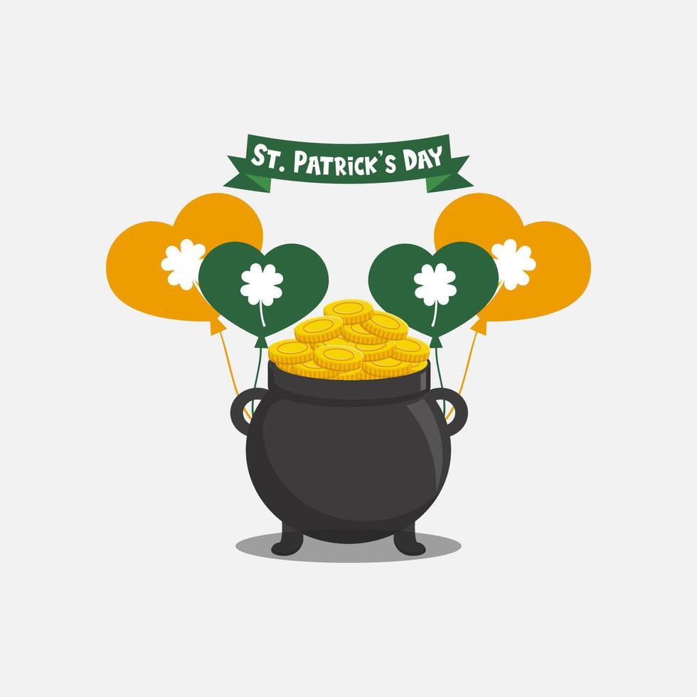 Flat Logo Design Pot Of Gold St. patrick's day treasure with coins Vector illustration