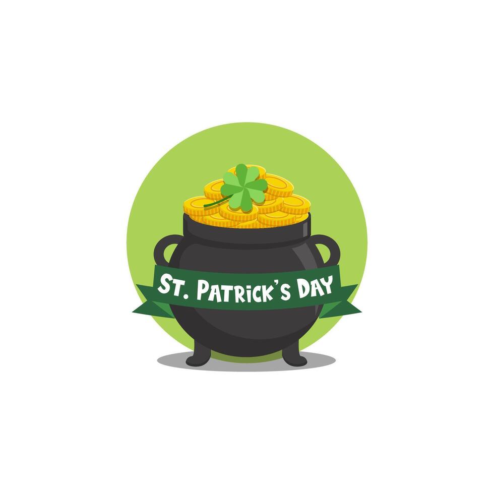 Flat Logo Design Pot Of Gold St. patrick's day treasure with coins Vector illustration