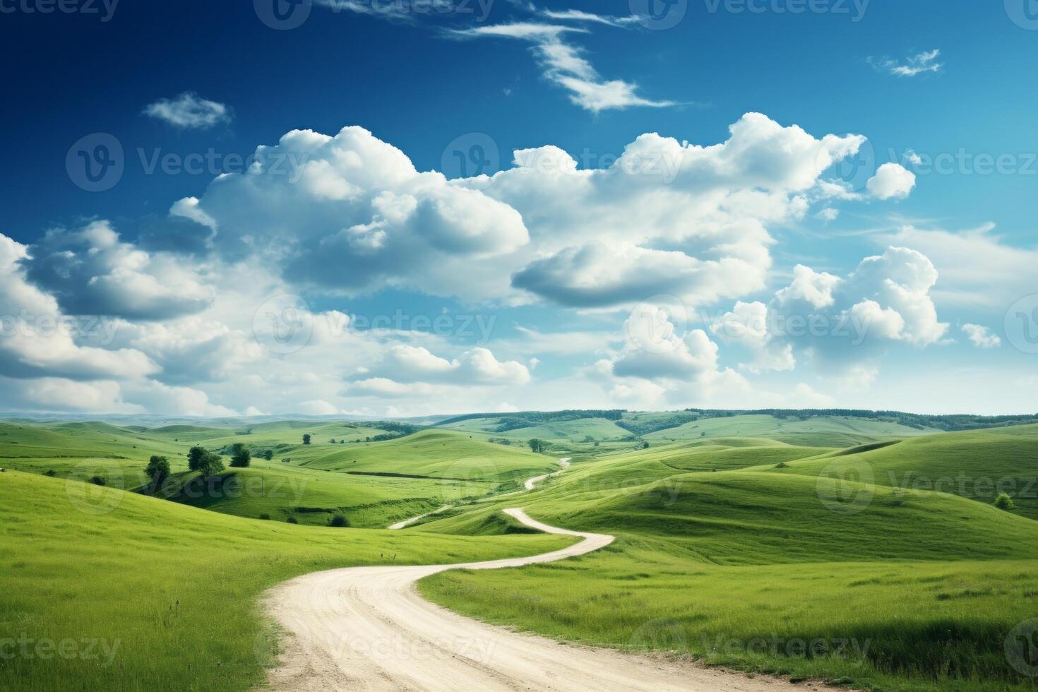 AI generated Rolling countryside sky background with a winding country road. Generative AI photo