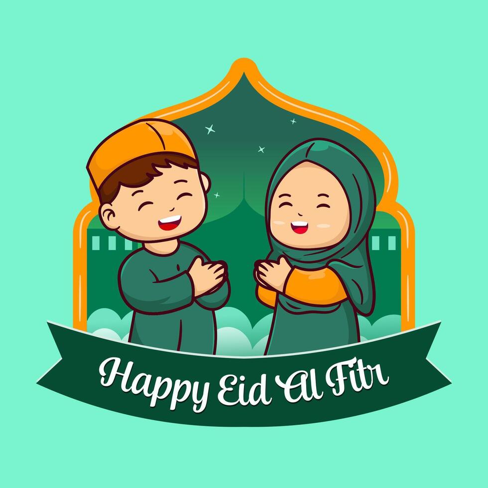 Vector illustration of Muslim children celebrating Eid al-Fitr