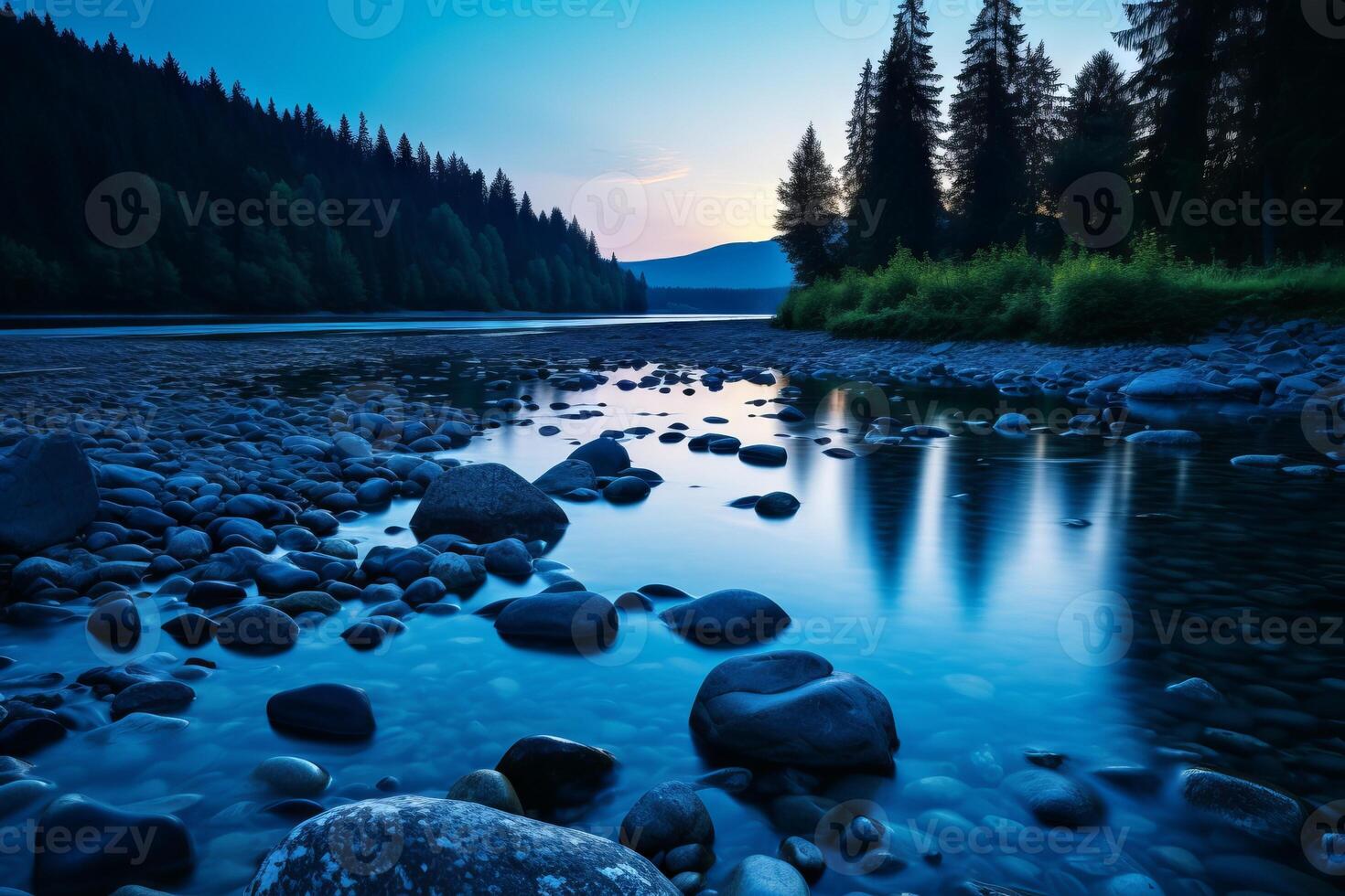 AI generated The calm waters of a river during the blue hour. Generative AI photo