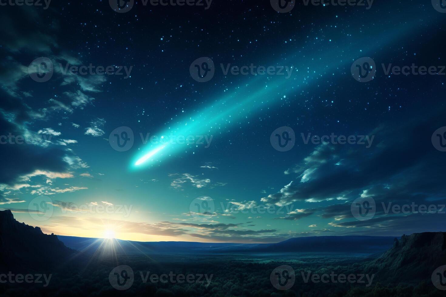 AI generated A heavenly comet streaking across the sky in shades of turquoise. Generative AI photo