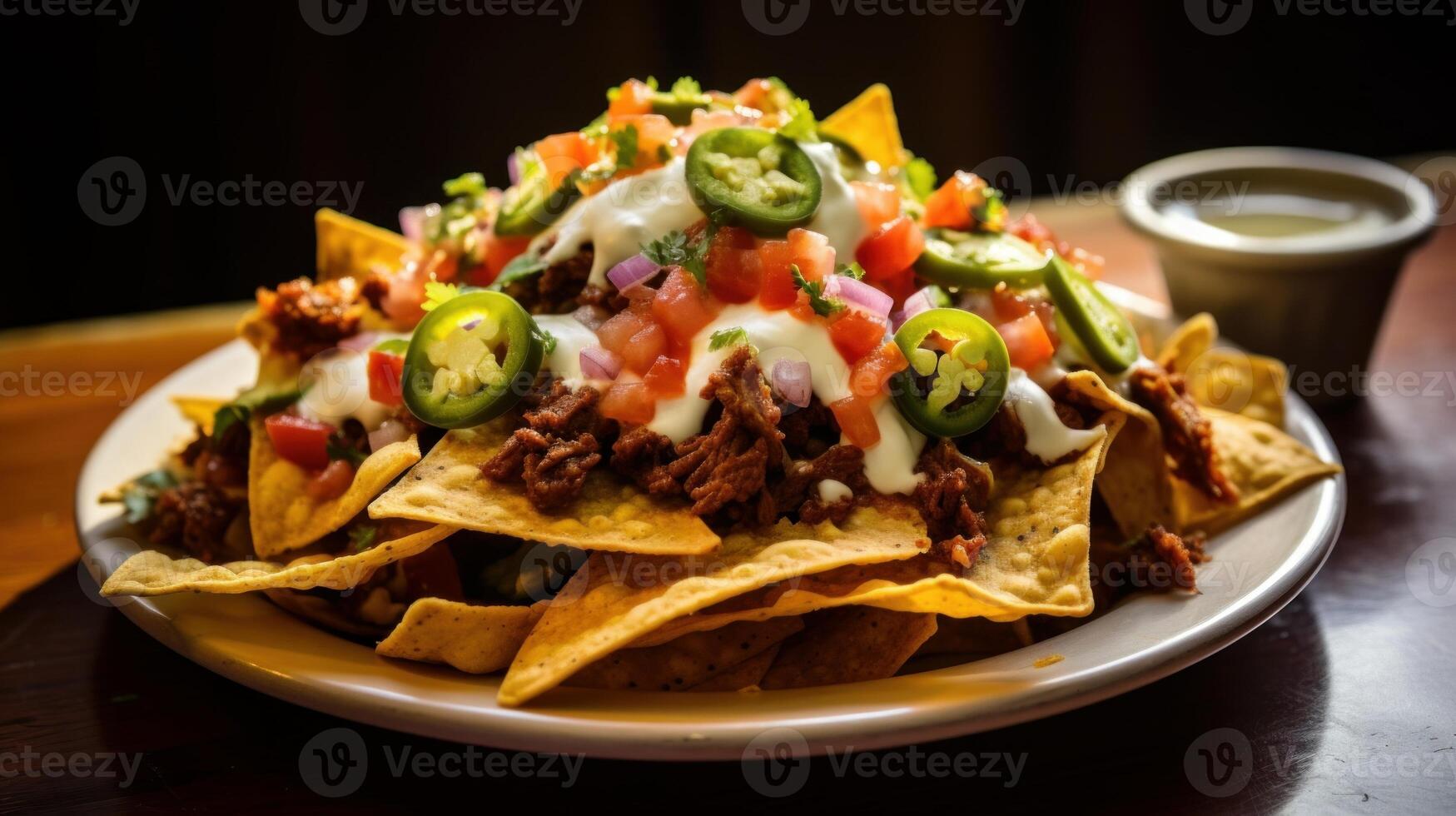 AI generated Close-up of a greasy and indulgent plate of loaded nachos. Generative AI photo