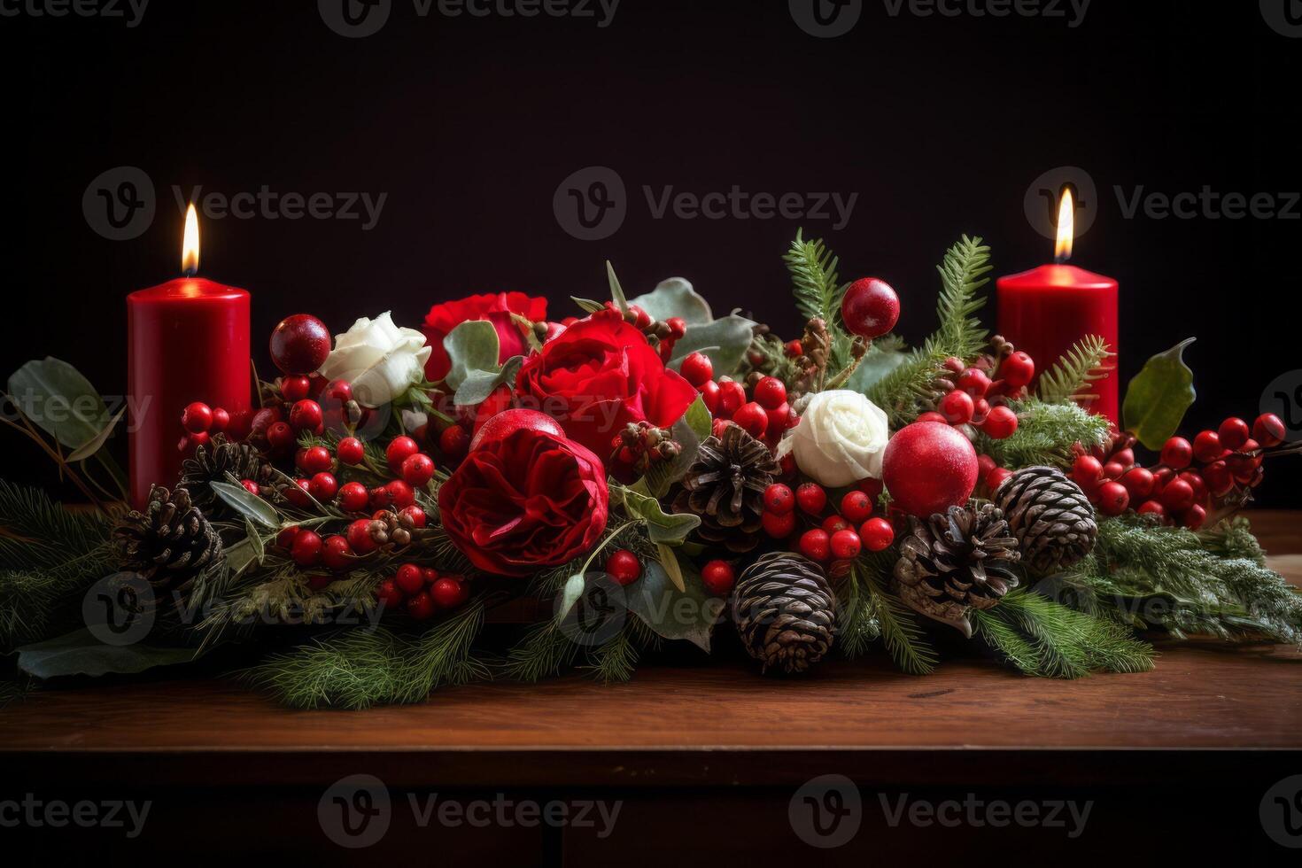 AI generated Festive holiday centerpiece with candles and greenery. Generative AI photo