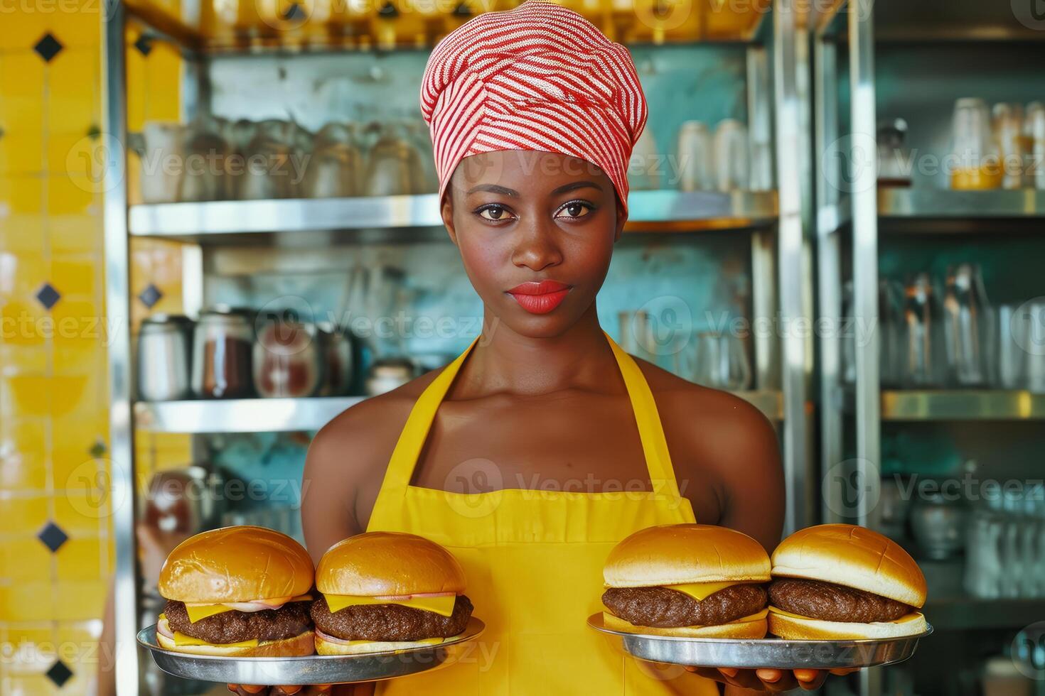 AI generated Efficient African waitress holding burgers. Generate ai photo