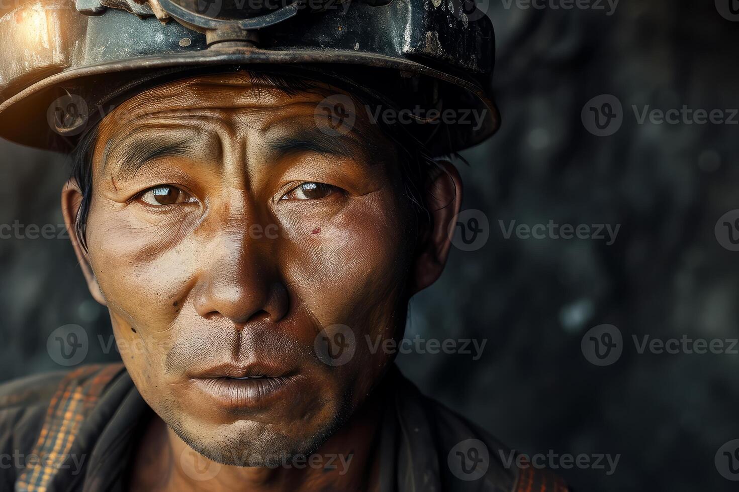 AI generated Grimy Asian miner worker dirty face. Generate Ai photo