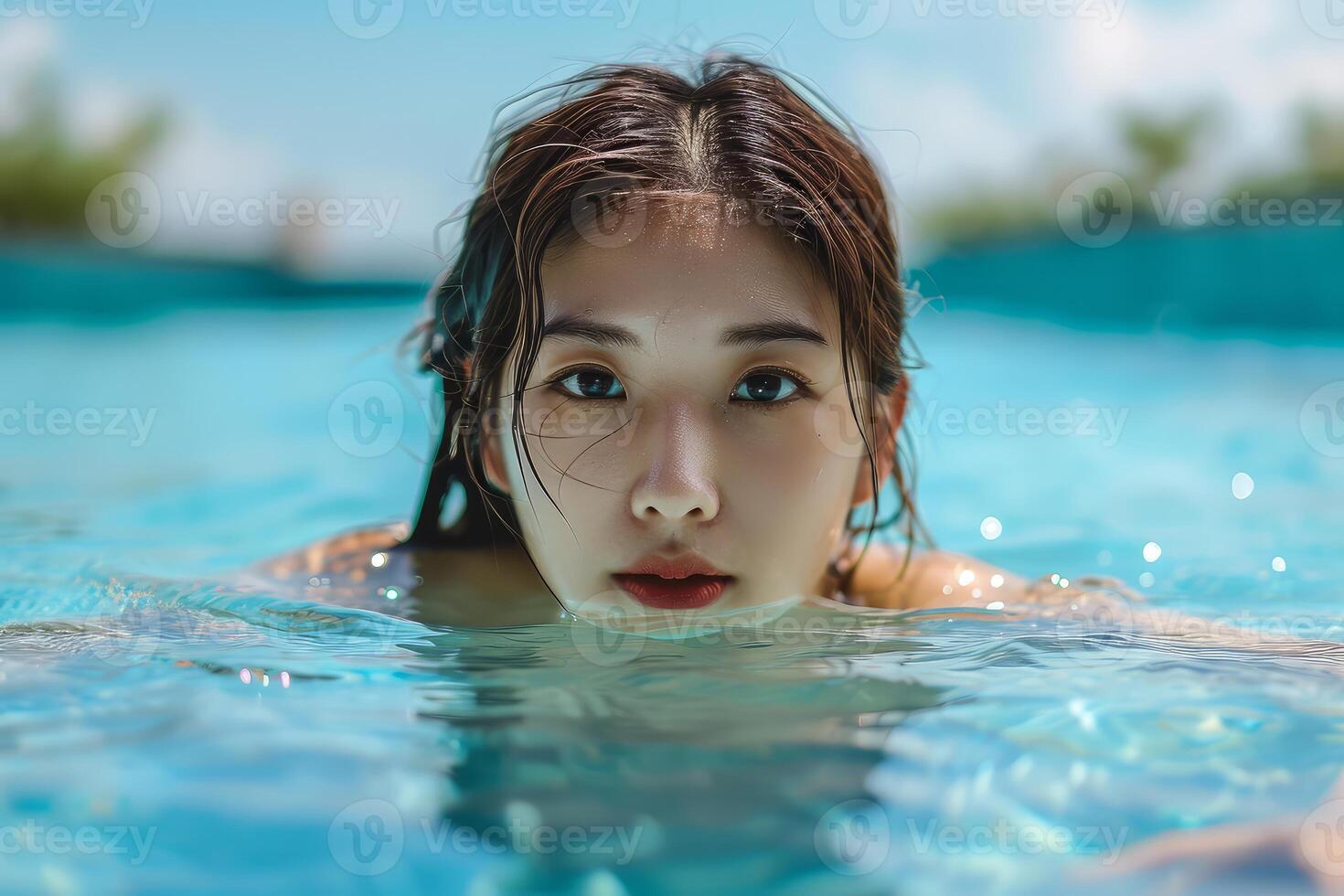 AI generated Focused Asian woman swimming indoor pool closeup photo. Generate ai photo