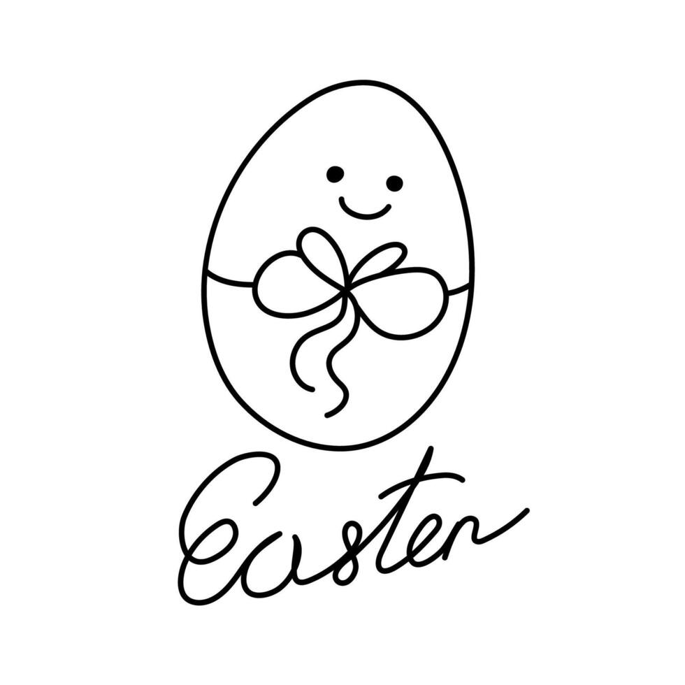 Easter egg with a smiling face and bow. Sloppy festive lettering vector