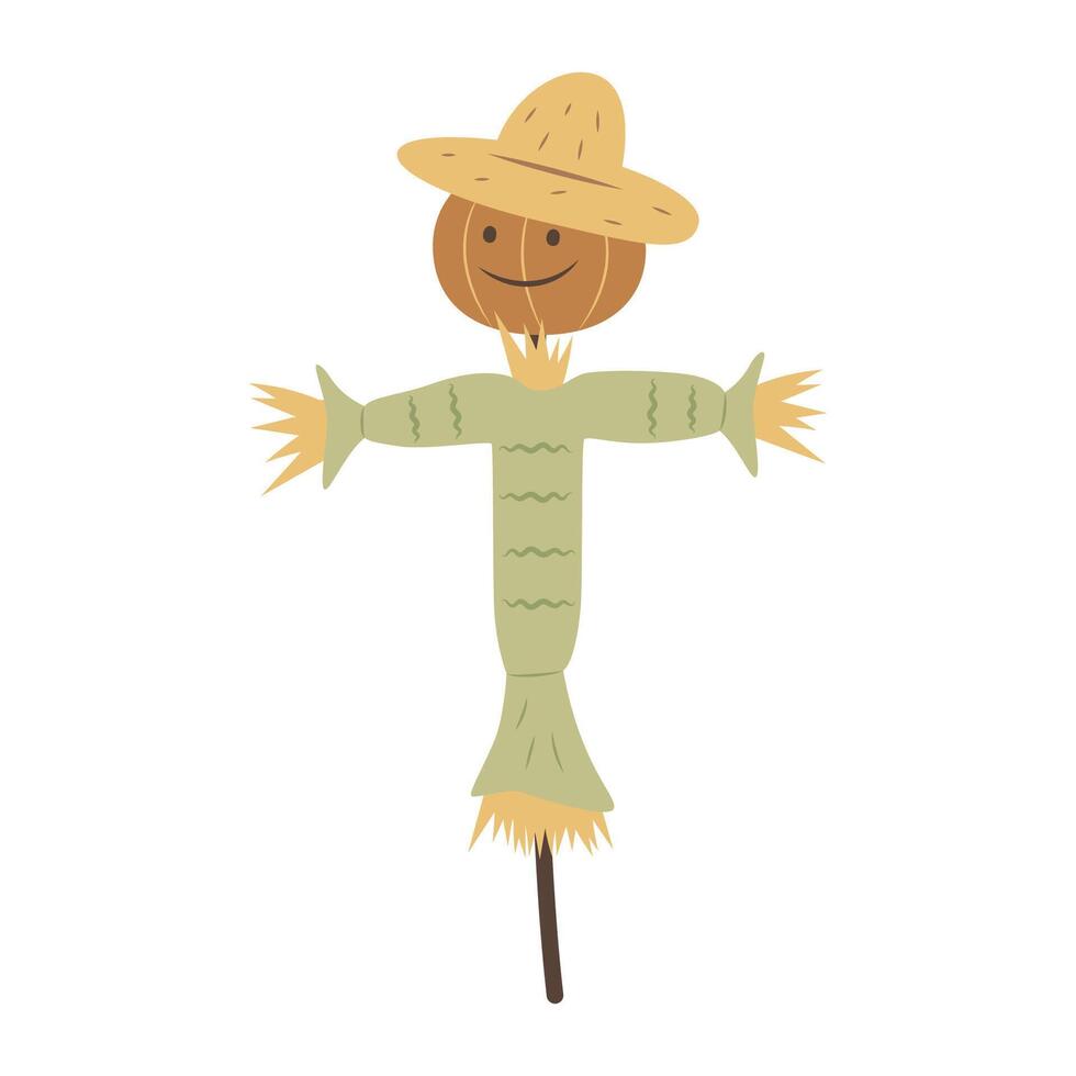 Cute cartoon garden scarecrow. A pumpkin head in a straw hat. Farm life item. vector