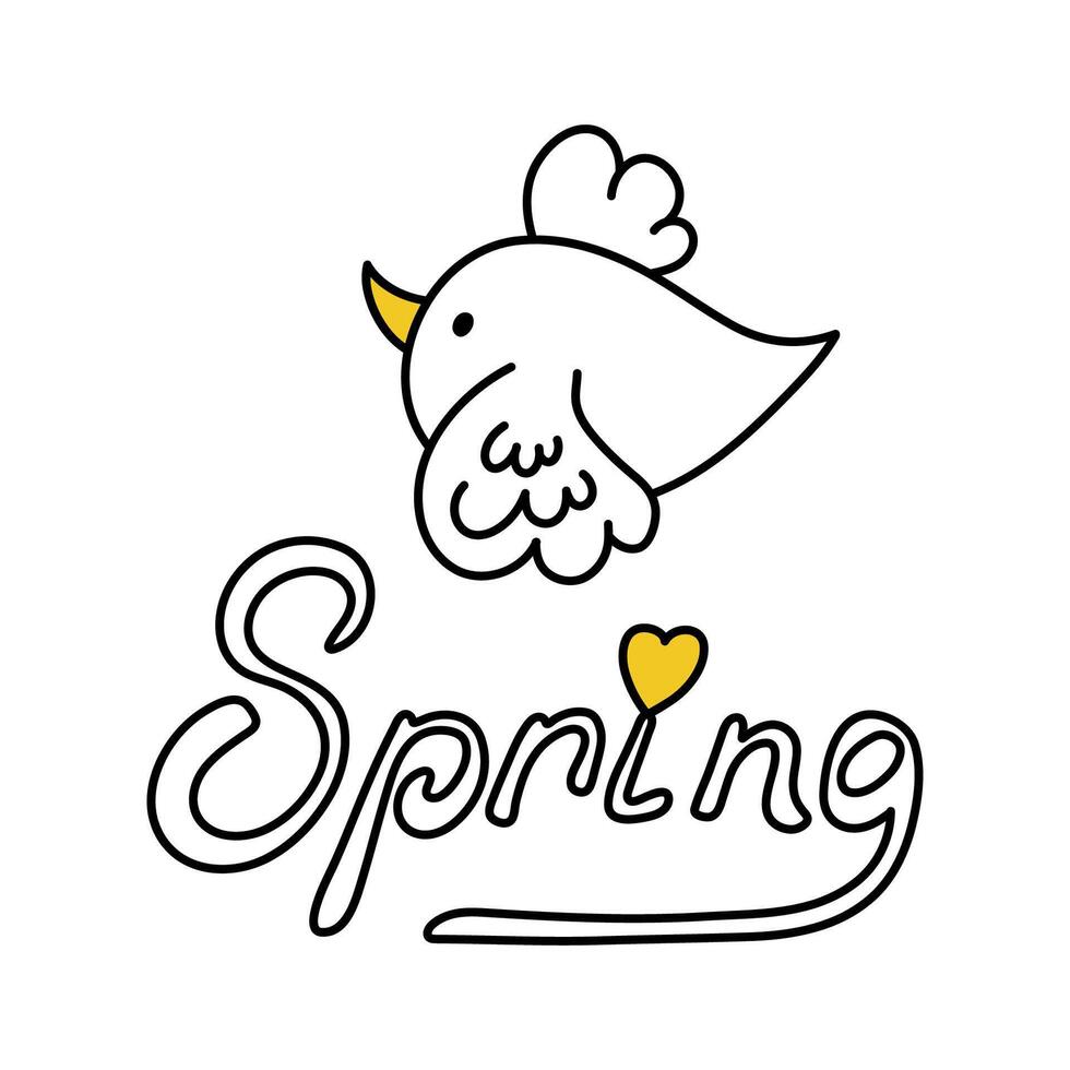 Cute spring lettering. Funny cartoon bird in doodle style vector