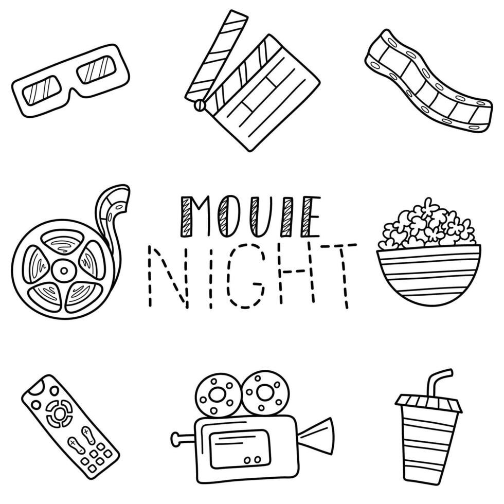 Movie night items. Set of abstract isolated design elements about cinema. Hand drawn vector black and white illustrations. Cartoon, doodle.