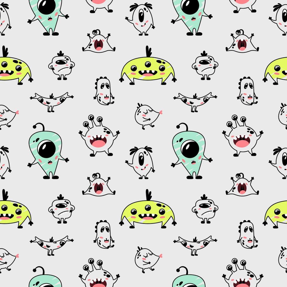 Seamless pattern with funny cute cartoon monsters. Print for children's clothes, baby textiles, notebook covers, boy's room wallpaper, kids bedding, wrapping paper. vector