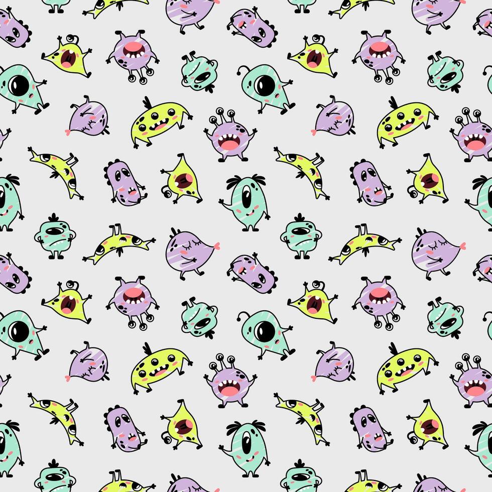 Funny seamless pattern for kids with aliens. Nursery design for baby boys. Different simple cute monsters. Minimalist print for children's clothing. vector