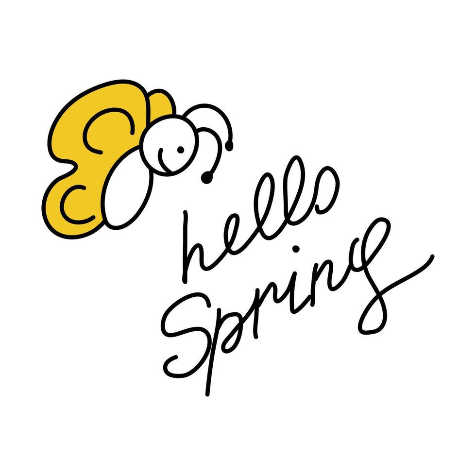 Funny doodle butterfly. Sloppy lettering with phrase Hello Spring vector