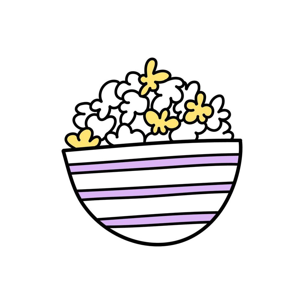 Vector illustration of big bowl of popcorn in doodle style.