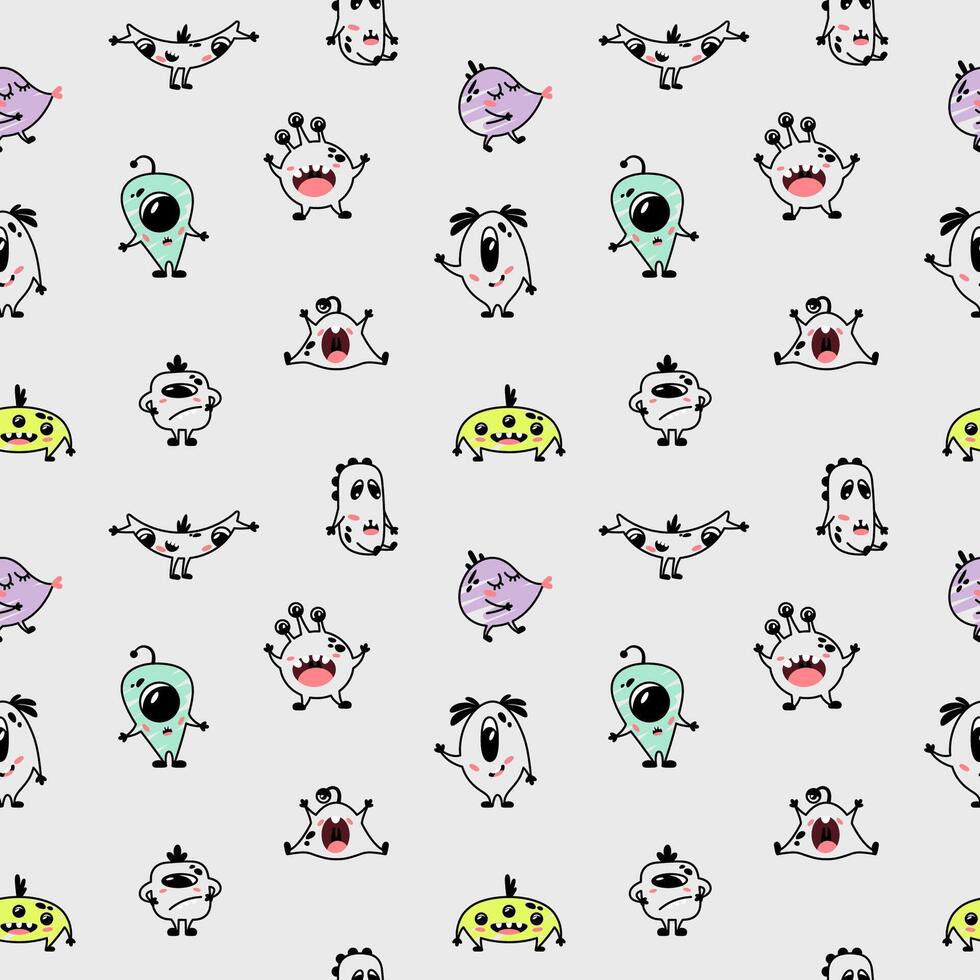 Funny seamless pattern for kids with aliens. Nursery design for baby boys. Different simple cute monsters. Minimalist print for children's clothing. vector