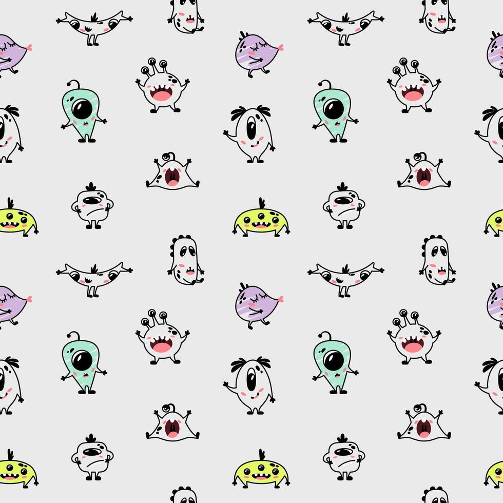 Funny seamless pattern for kids with aliens. Nursery design for baby boys. Different simple cute monsters. Minimalist print for children's clothing. vector