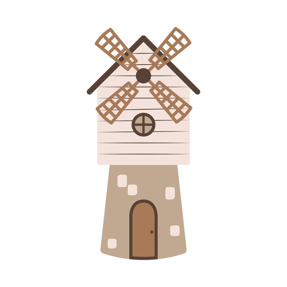 linda dibujos animados molino. sencillo plano icono en el escandinavo estilo. tradicional edificio en un granja o rancho. vector