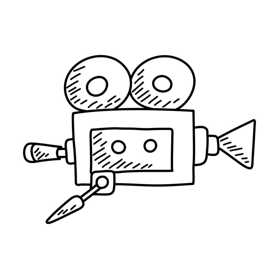 vídeo cámara mano dibujado contorno garabatear icono. movimiento película, película y cine cámara con carretes vector bosquejo ilustración para imprimir, web, móvil y infografia aislado en blanco antecedentes.