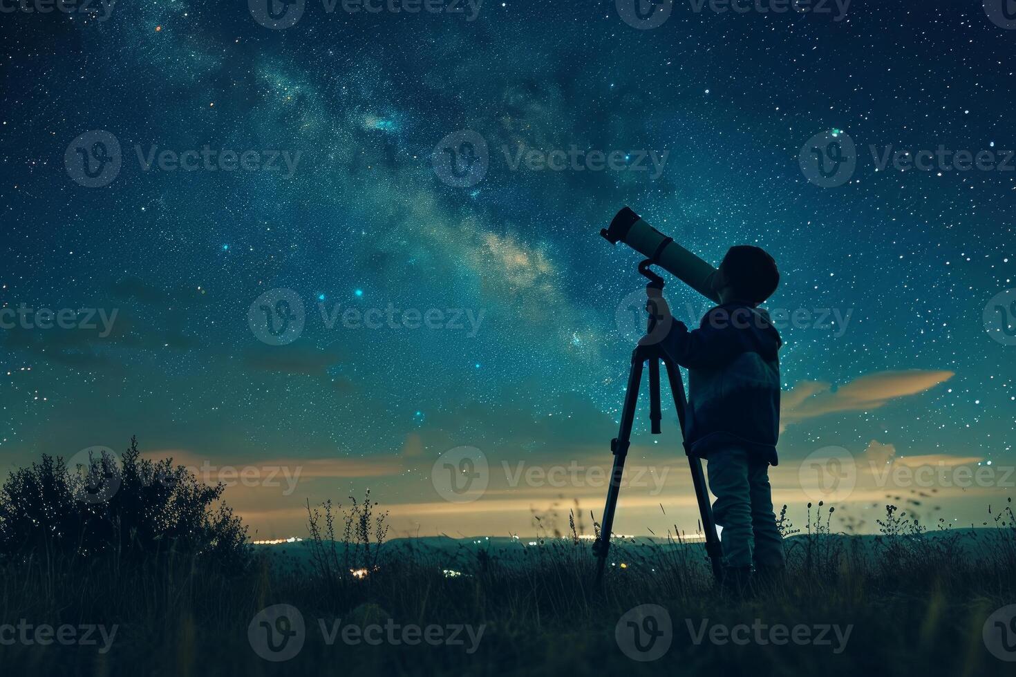 AI generated Inquisitive Astronomer starry child boy sky night. Generate Ai photo