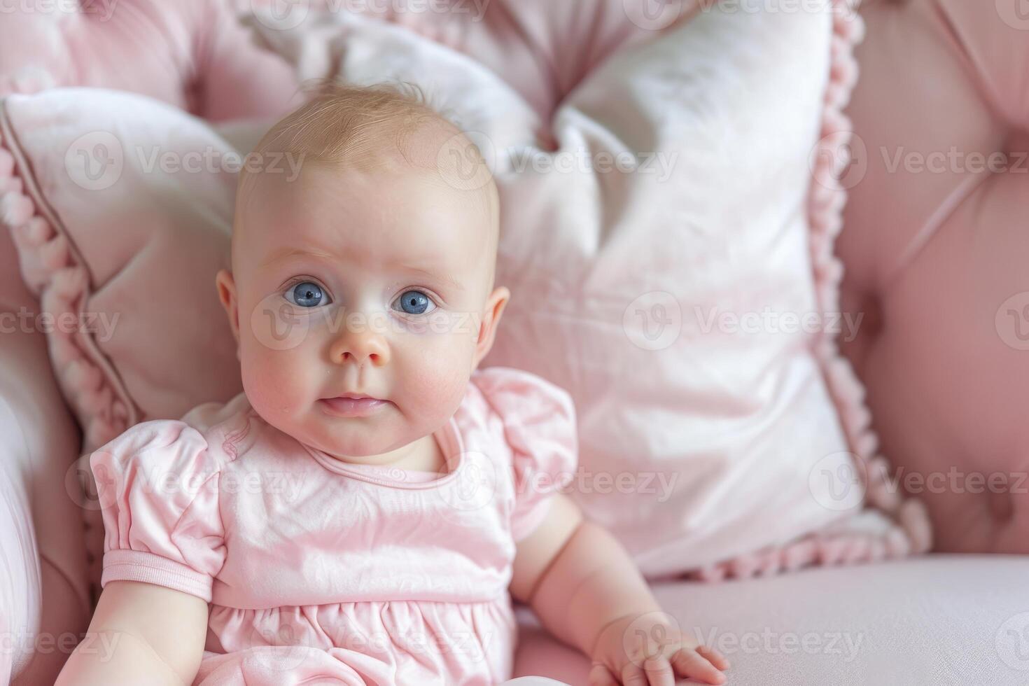 AI generated Adorable Baby dressed pink sofa. Generate Ai photo