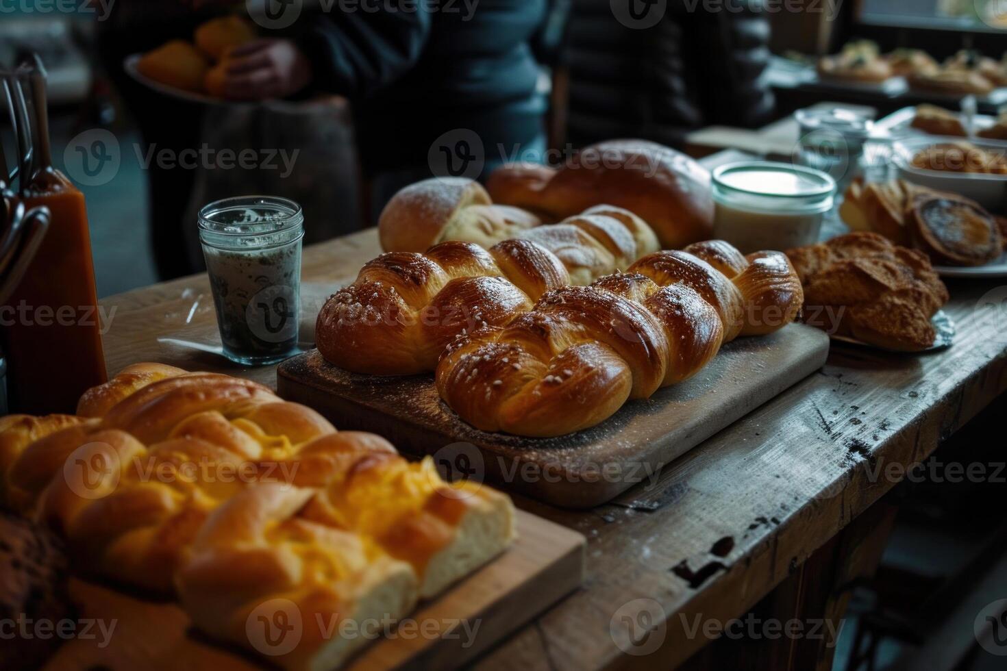 AI generated Aromatic Baked buns bread table. Generate Ai photo