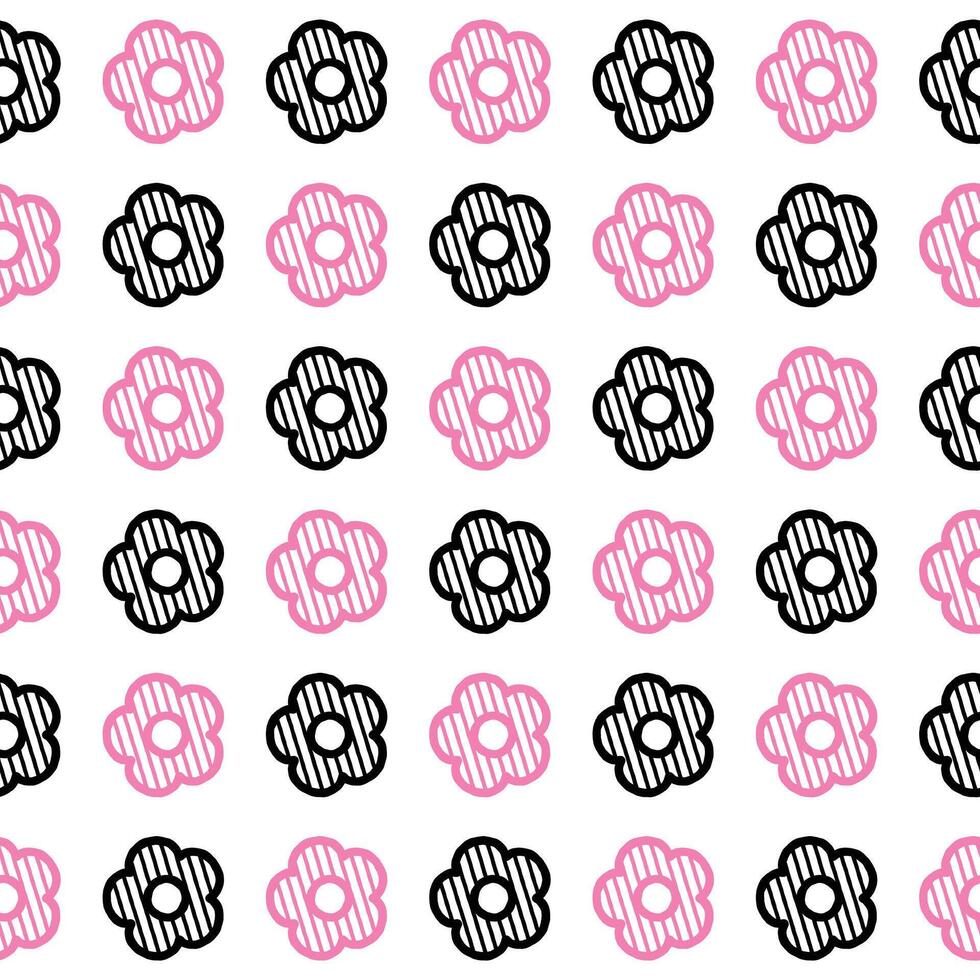 Daisy flower seamless pattern. Pink and black flower on white background. Flat illustration images vector