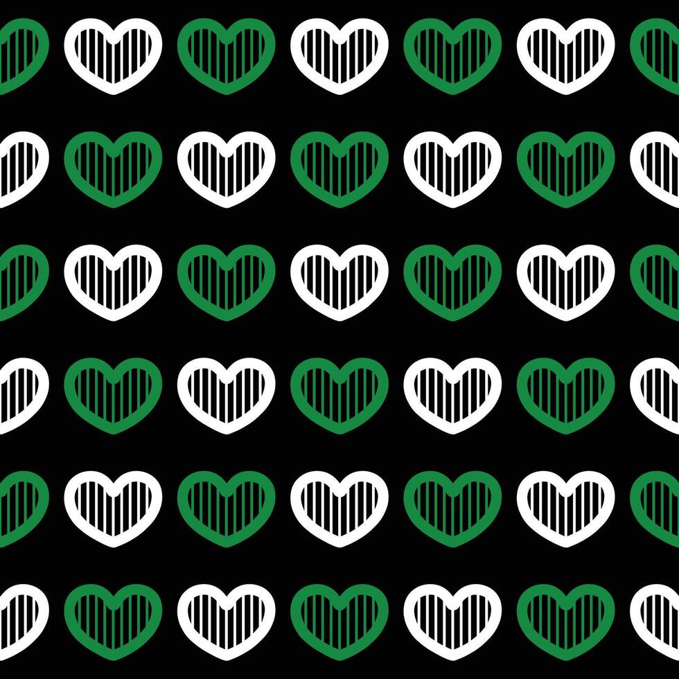 Green and white heart seamless pattern on black background vector