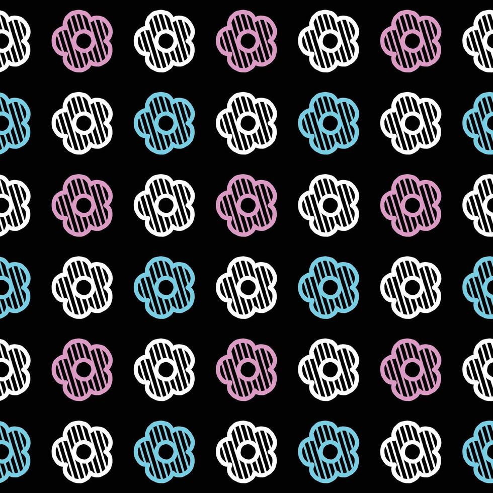 Daisy flower seamless pattern. White blue and purple flower on black background. Flat illustration images vector