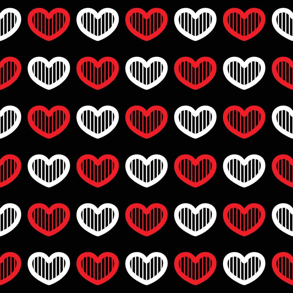 Red and white heart seamless pattern on black background vector