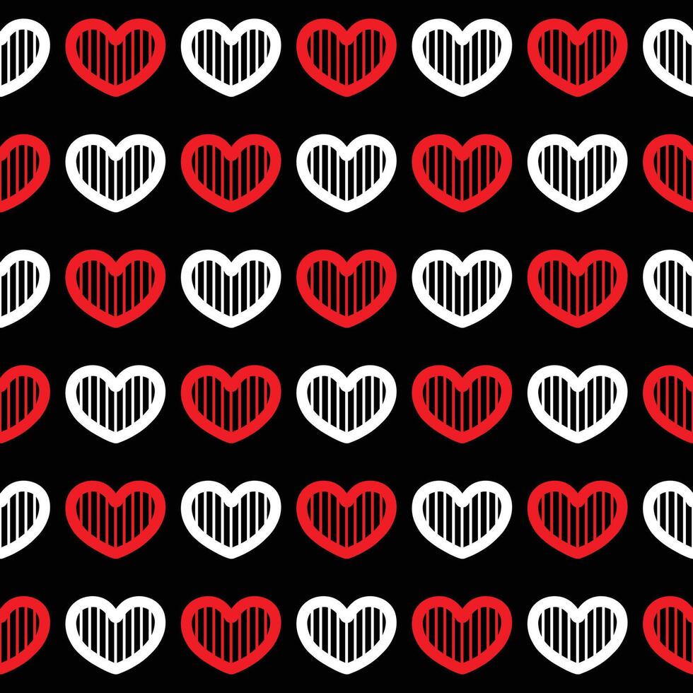 Red and white heart seamless pattern on black background vector