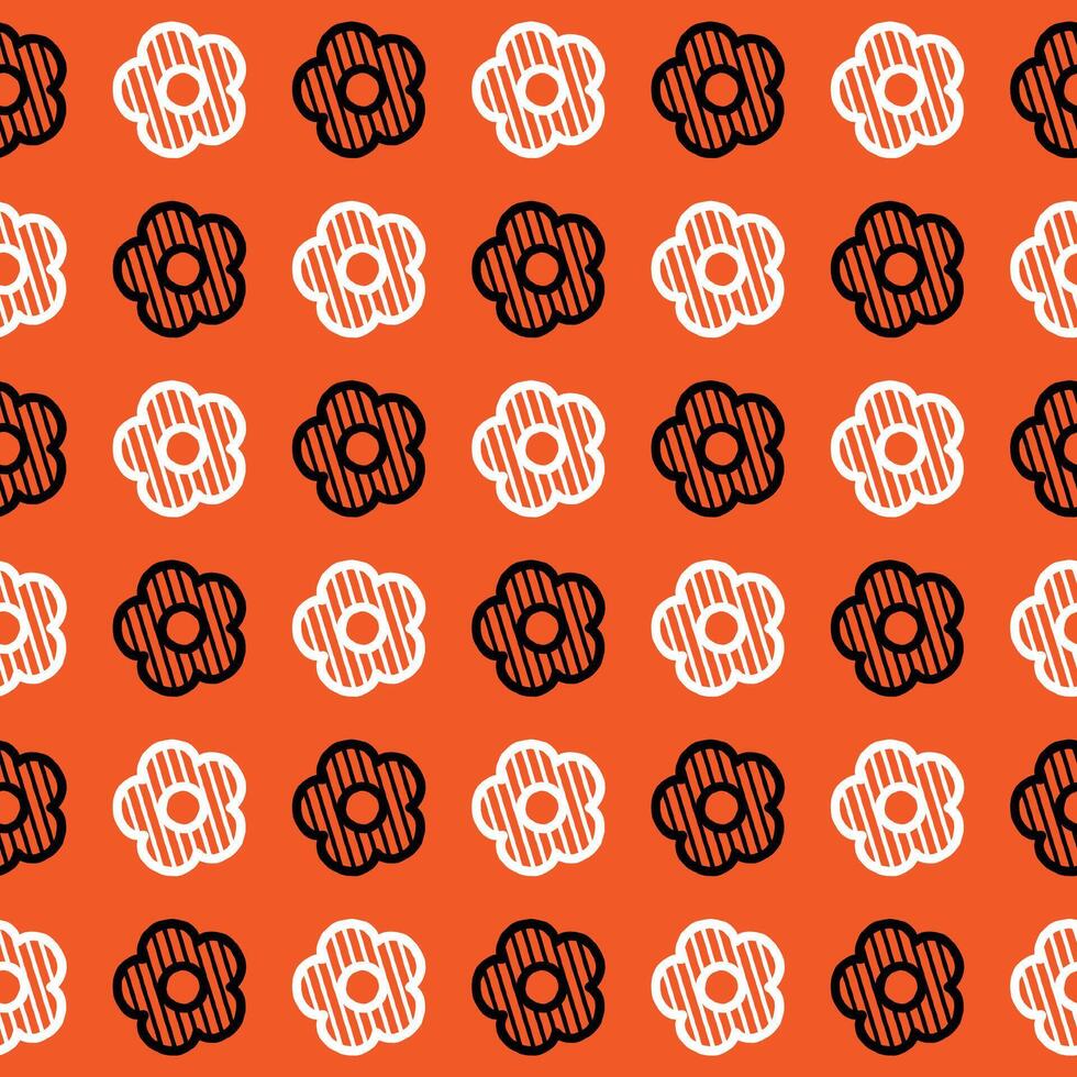 Daisy flower seamless pattern. White and black flower on orange background. Flat illustration images vector