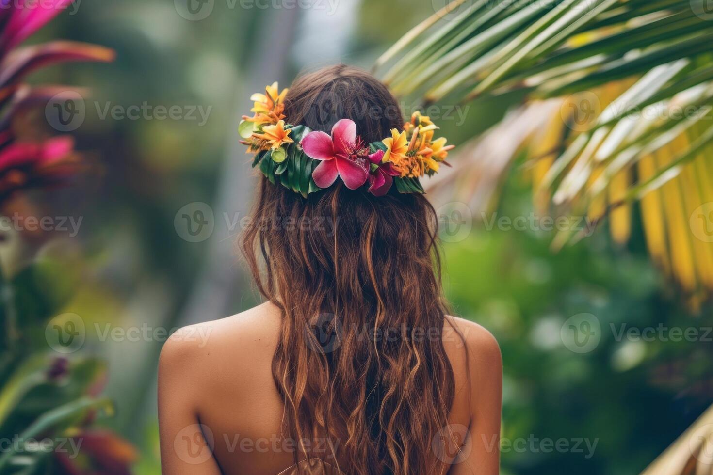 AI generated Back view woman hawaii beach girl. Generate AI photo