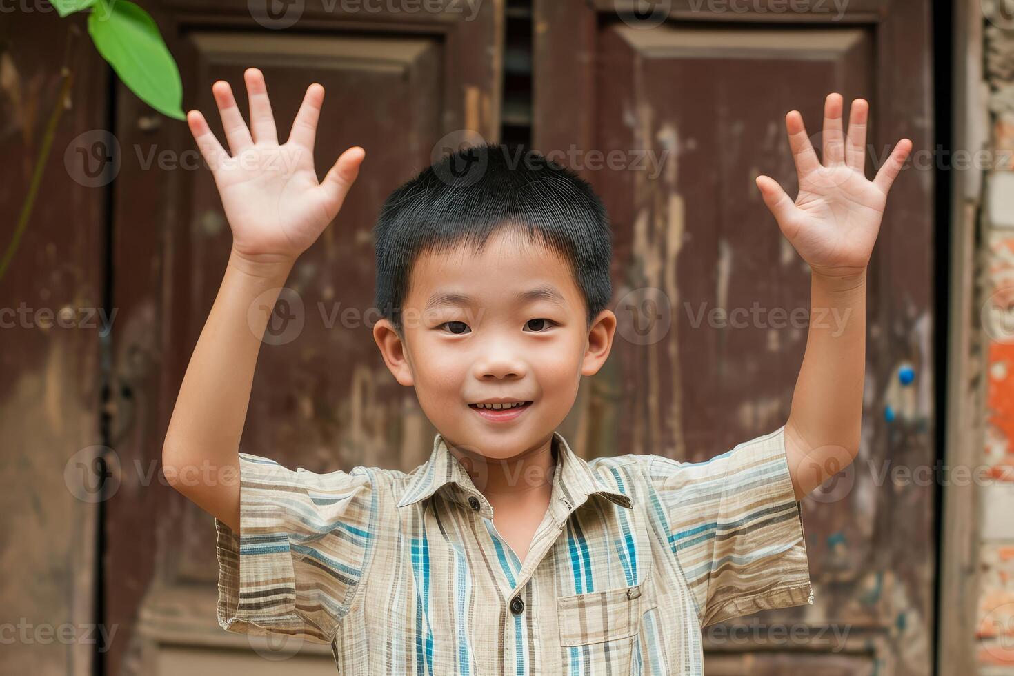 AI generated Asian boy waving hands. Generate Ai photo